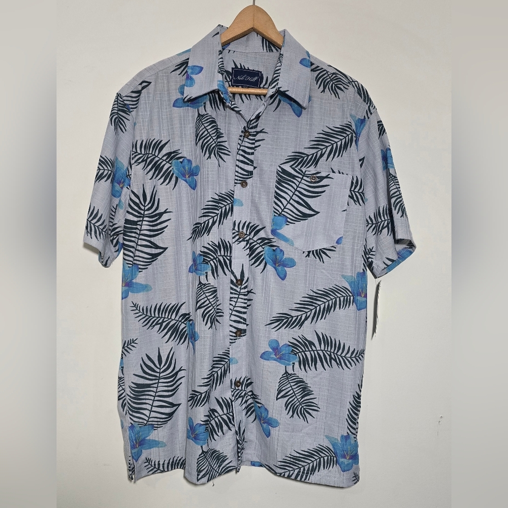 NWT Nob Hill Mens Blue Hawaiian Print Casual Button Down Shirt Medium